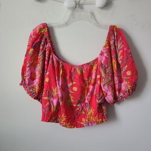 Rachel Roy Red Floral Print Puff Sleeve Crop Top Size Large